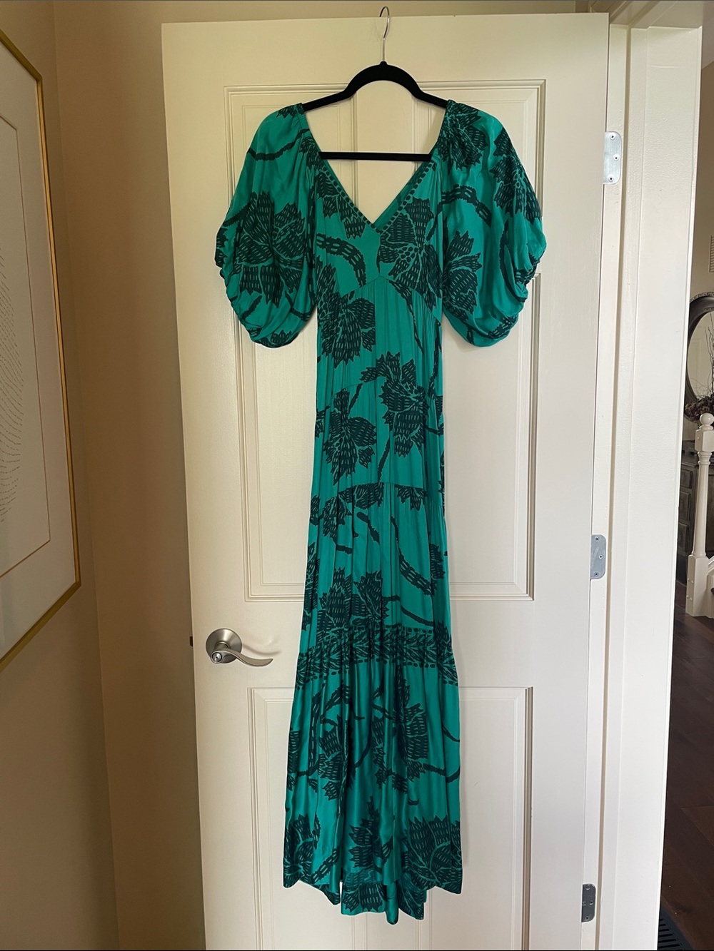 Teal Floral V-Neck Maxi Dress with Statement Puff Sleeves